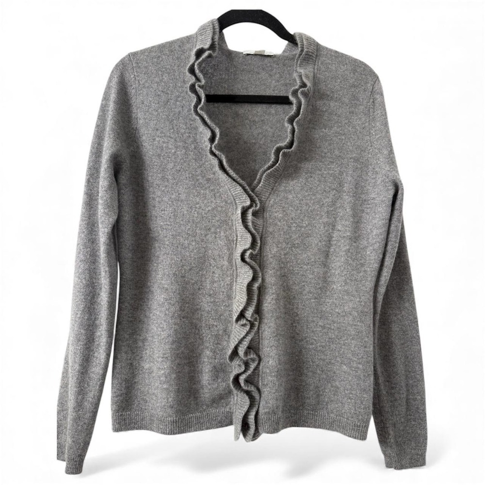 Garnet Hill 100% Cashmere Ruffle Cardigan Gray Button Front V-Neck Size Small